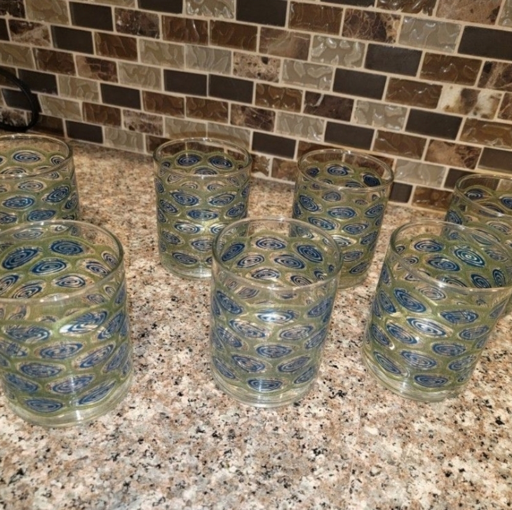 Set of 7 Mid-Century Libbey Glassware Glasses peacock style
